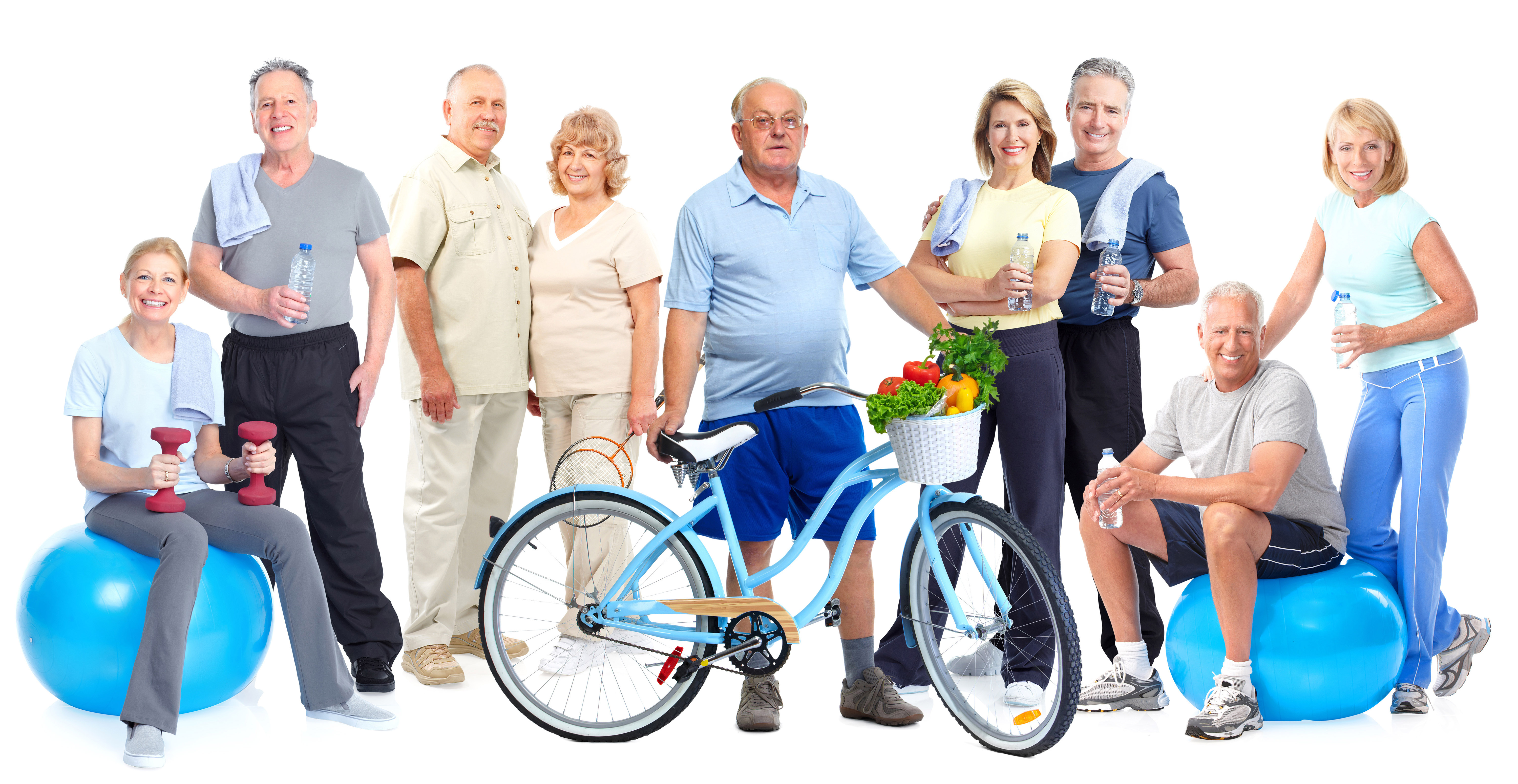 Group of elderly fitness people with bicycle.